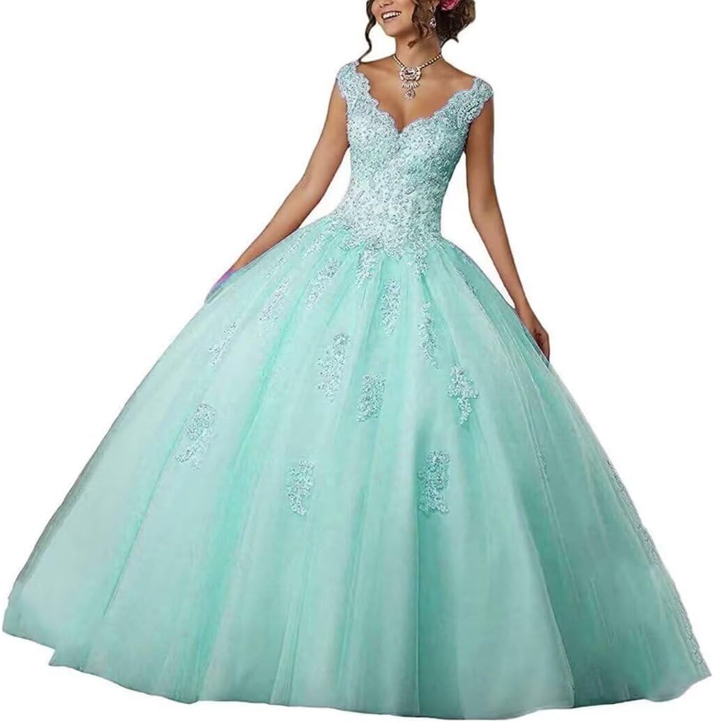 Laces Appliques Long Ball Gown Puffy Tulle Quinceanera Dresses Wedding Dresses with Sleeveless
