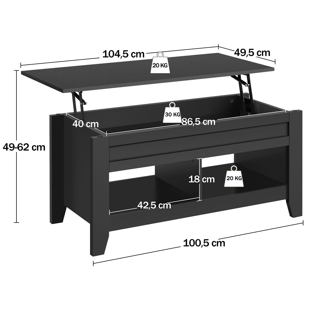 Yaheetech Table de Basse Relevable avec Plateau relevable, Table de Salon Fonctionnelle avec Deux Compartiements Caché, Design Moderne en Bois MDF 104 x 49 x 49/61 cm Noir