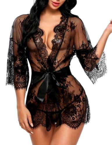 Avidlove lingerie robe Women's Lace Kimono Robe Babydoll Lingerie Mesh Nightgown Black M