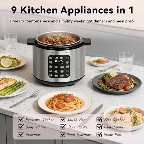 Image of Carori 8 Qt Electric Pressure Cooker, 9-in-1 Multi-Cooker 1000W with IMD Touchscreen, Non-Stick Inner Pot, For Pressure /Slow /Rice Cooking, Steaming, Saute & Keep Warm, Silver