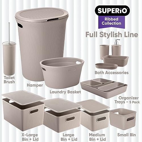 Image of Superio Ribbed Collection - Decorative Plastic Laundry Hamper with Lid and Cut-Out Handles, Taupe (2 Pack) Basket Organzier for Bedroom Bathroom College Dorm Room 40 Liter