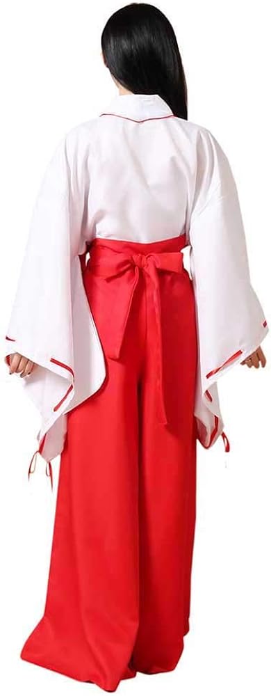 Miniatura 4 de Kimono blanco rojo Hakama pantalones traje de mujer japonés anime kikyo miko kimono cosplay Halloween bruja traje, Classic, L, Rojo