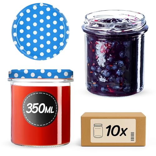 KADAX Vasetti per marmellata da 350 ml con coperchio a vite da 82 mm, piccoli barattoli con coperchio, vasetti per sottaceti, barattoli a vite per marmellata e miele (blu a pois, 10 pezzi)