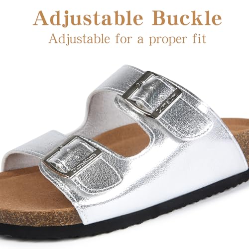 Dumalum Womens Flat Sandals with Cork Footbed Open Toe Slides Adjustable Slip On Slippers for Summer Beach Sandals Arch Support Size 6-122
