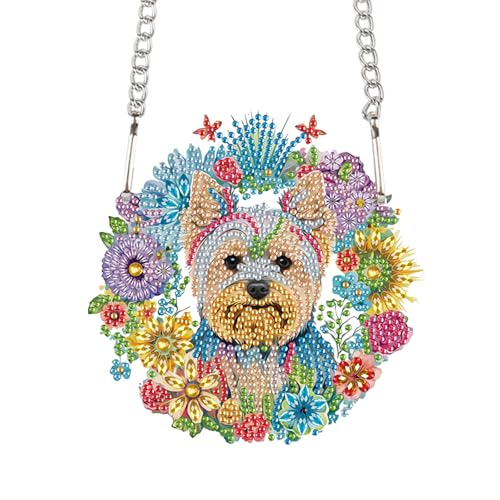 Image of Floral Wreath Dog Diamond Painting Hanging Kit - DIY Acrylic Pendant Ornament with 5D Special Shaped Rhinestones, Cute Puppy Art Board for Wall, Door, or Garden Decor, Creative Handmade Gift
