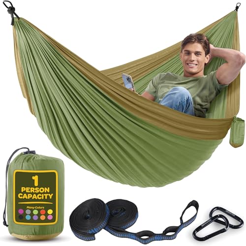 Image of Durable Hammock 400 lb Capacity, Nylon Camping Hammock Chair - Double or Single Sizes w /Tree Straps and Attached Carry Bag - Portable for Travel /Backpacking /Beach /Backyard (Medium, Khaki & Army Green)