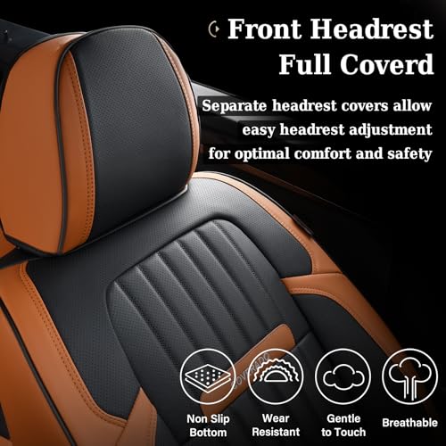 Image of Coverado Car Seat Covers Full Set, Car Seat Protector Car Seat Cushion, Nappa Leather Seat Covers for Cars, Front and Back Seat Protectors Cushions Universal Fit for Most Cars Vehicles(Brown&Black)