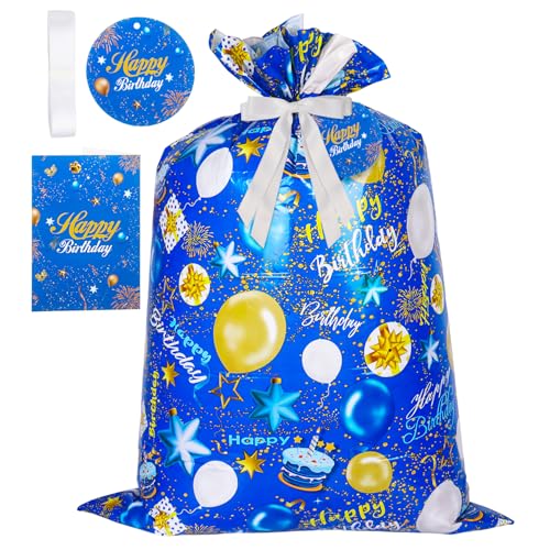 56× 36 inches Extra Large Birthday Gift Bag with Ribbon, Tag & Card, Jumbo Plastic Gift Bag for Big Presents(Blue)