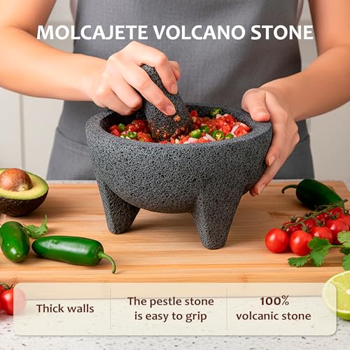 Image of Molcajete 6 in Mexican, Handmade with Natural Volcanic Stone, Artisanal Kitchen Utensil for Grinding with Pores for Crushing, Specially Designed for Grinding Spices, Sauces, and Guacamole