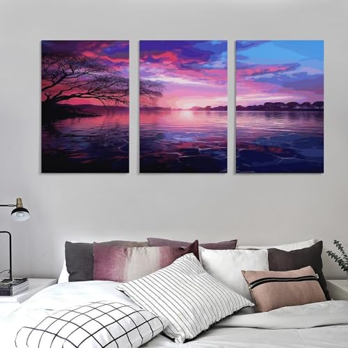 Peintures à thème coucher de soleil violet triptyque mural suspendu