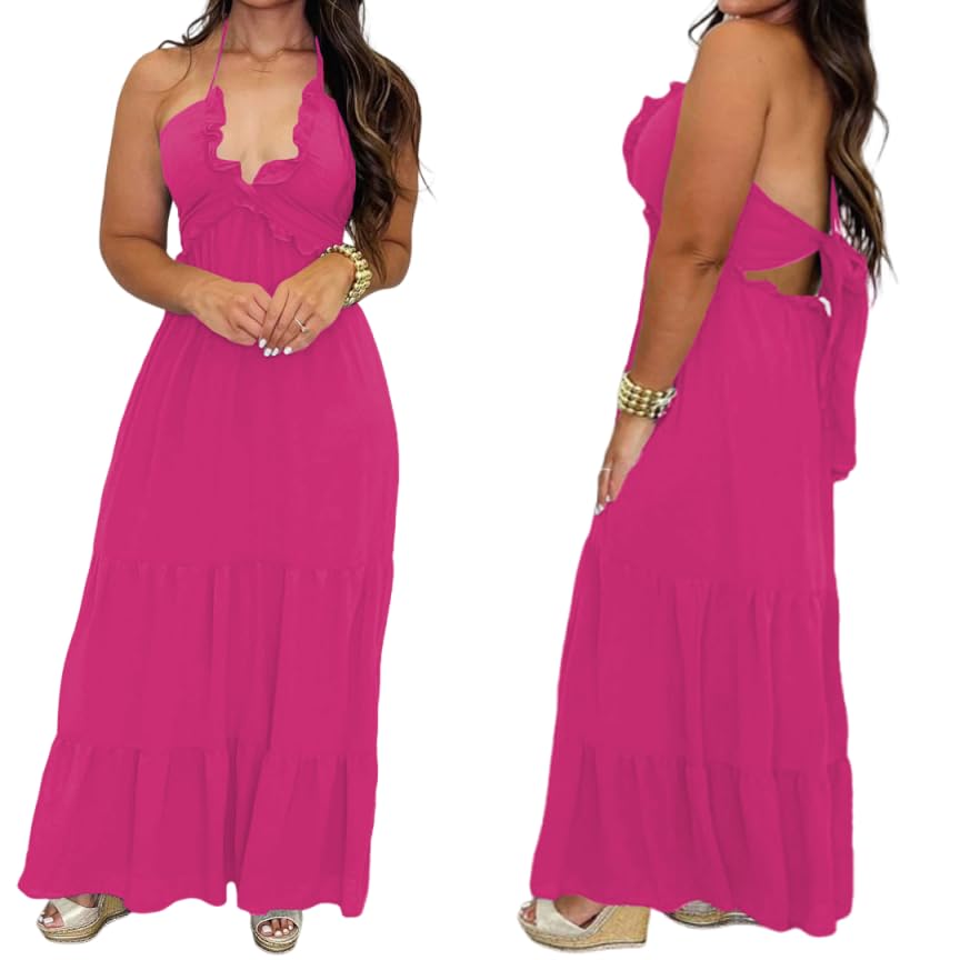 Image of TOPSRANI Womens Sleeveless Maxi Dress Halter Casual Backless Smocked Tiered Ruffle Flowy Sexy Slip Sling Strap Dresses
