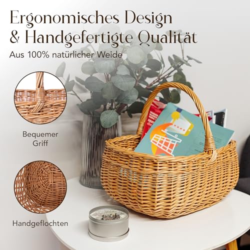 Creative Home Einkaufskorb Weidenkorb mit Henkel Picknickkorb | 36 x 27 x 32 cm (+/- 2 cm) | Handgeflochten | Naturbraun | Universell und Langlebig Groß Osterkörbchen Geflochten