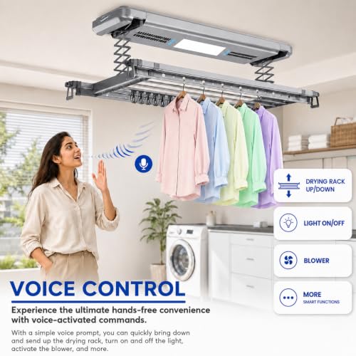 Image of KosmoCare Aluminum Pro Ceiling Mounted Electric Clothes Drying Rack|LED & UV Lights|Smart Motorized Laundry|Smart Clothes Hanger for & Balcony|Remote Control Drying Poles,Grey
