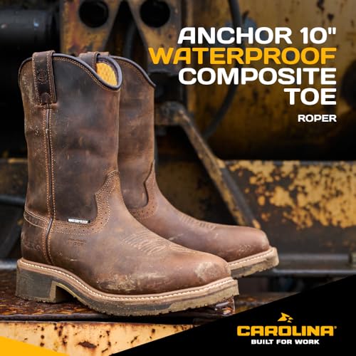 Carolina Anchor 10" Composite Toe Waterproof Roper Work Boots for Men - Leather Upper, Mesh Lining, Slip-Resistant Rubber Heel Outsole, EH-Rated, Brown - 10.5 2E2