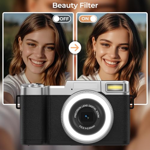 4K Digital Camera for Photography 64MP Vlogging Camera for YouTube with Flip Screen Point and Shoot Camera for Teens with Built-in LED Selfie Light Compact Camera for Beginners with Batteries