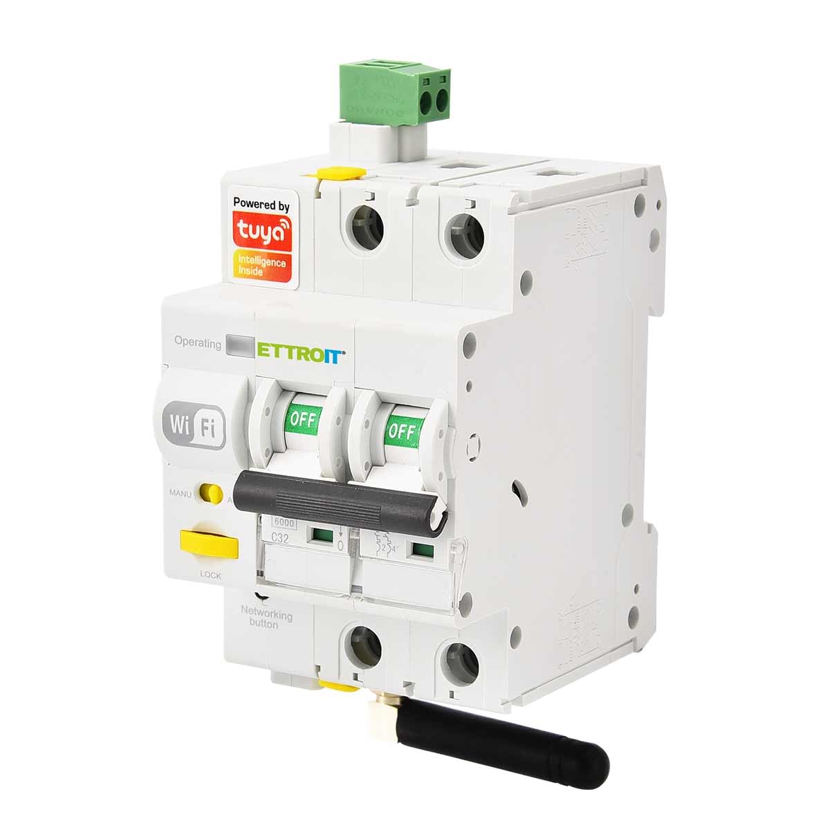 ZOREI Interruptor magnetotérmico inteligente WiFi, 2P 230 V 30 mA 6000 A, rearme automático, aplicación TUYA, ocupa 3 módulos DIN, antena WiFi incluida (2P 32 A 30 mA 6 kA)