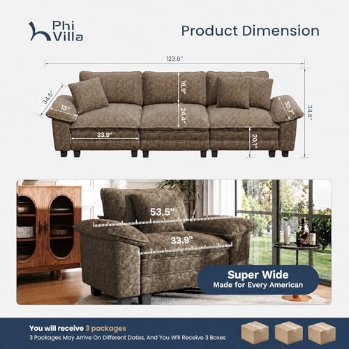 Image of PHI VILLA Modern Modular Couches Sets, 123.6 inch Cloud Sectional Sofa with Upholstered Deep Seat, 3-Seater Couch for Living Room Small Spaces, Chenille Grayish Brown