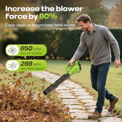 Leaf Blower Cordless 650CFM 288MPH Electric Leaf Blower with 2 x 4.0Ah Battery Operated, 6 Speed Mode, 20V Powered Handheld Blowers for Lawn Care, Patio, Dust, Blowing Leaves - Image 3