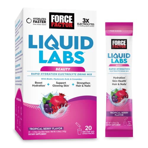 Force Factor Liquid Labs Beauty,Electrolytes Powder For Skin Care,And Stronger Hair & Nails,Hydration Packets With Hyaluronic Acid,Biotin,Cerermides,& More,Tropical Berry Flavor,20 Stick Packs #TOP30