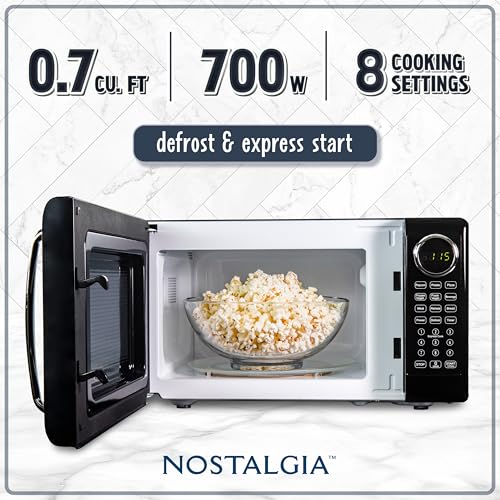 Nostalgia Retro Microwave Oven 0.7 Cu Ft, 700-Watt Countertop Size with Glass Turntable, Child Safety Lock, 8 Auto-Cook Programs, Digital Clock, Black