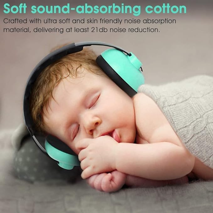 ATIRAMANIYA Baby Hearing Protection Earmuffs for Baby Sleep Flight Travel, Baby Ear Protection Noise Canceling Headphones for Baby Toddler 0-3 Years (Green Ear Muffs) 2