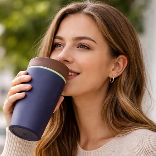 Image of Lyrovo Insulated Coffee Mug with Lid for Office & Travel | Reusable Double Walled Coffee Mug for Men & Women | Hot & Cold Beverage Cup (No Handle, Navy Blue)