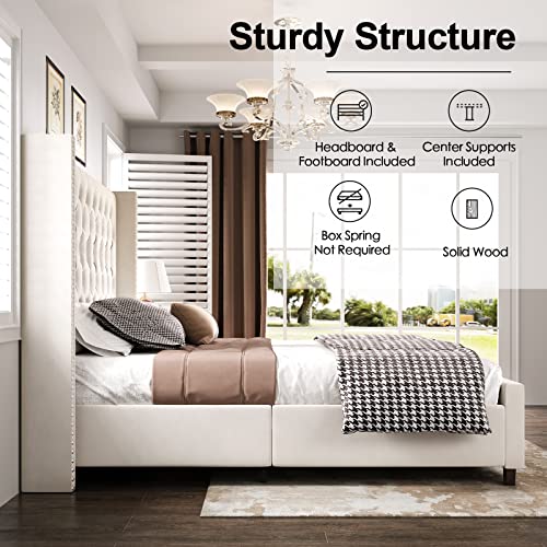 Papajet PAPAJET-71G King Platform Bed Frame 61.4 Inch Handmade Headboard Velvet Tall Upholstered Bed Deep Button Tufted/No Box Spring Required/Wood Slat Support/Easy Assembly/Cream thumb #5