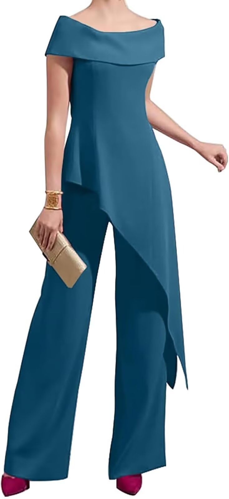 2 Pieces Chiffon Mother of The Bride Pant Suits for Wedding Off Shoulder Long Pantsuits for Women Formal