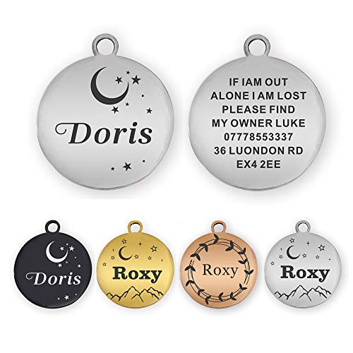 Stainless Steel Pet ID Tags Personalized Dog Tags Round Dog ID Tags Small Cat Tags Large Dog Collar Tags Custom Text Engraved on Both Sides(L Silver)