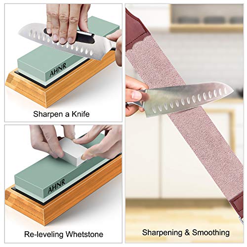 Knife Sharpening Stone Set - 4 Grit 400/1000 3000/8000, AHNR Whetstone Knife Sharpener Kit with Leather Razor Strop, Leather Honing Strop, Polishing Compound, Bamboo Base and Flattening Stone - Thumbnail 4