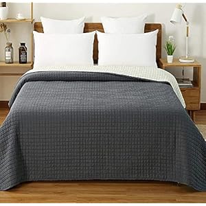 WOLTU Tagesdecke Bettüberwurf 240×260 cm Dunkelgrau-Crème Steppdecke Patchwork Wendedesign Kariert, Bettdecke Stepp Decke Doppelbett unterfüttert und Gesteppt
