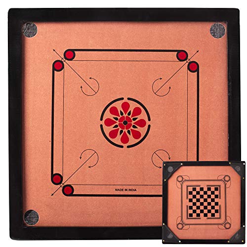 Carrom Board & Checkers Set - Classic Indian Tabletop Family Board Game Set - Includes 11 Black & 11 Brown Carrom Men Game Pieces, 2 Red Queens, 1 Acrylic Disc & Carrying Case