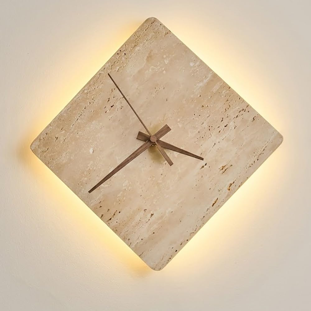 COSRUB Square Travertine Wall Sconce, Clock LED Wall Lamps for Bedroom
