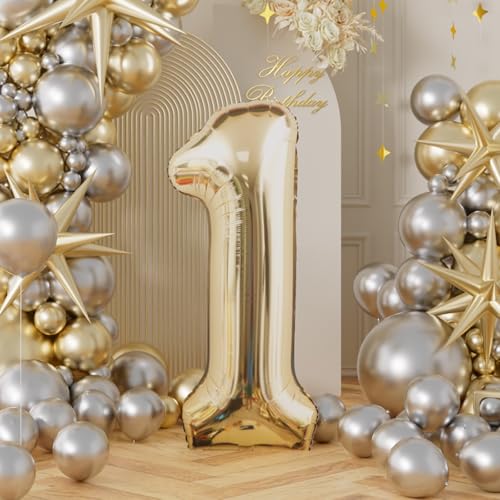 Image of AULE 40 Inch Large 1 Balloon Numbers Light Gold, Big Foil Number Balloons, Giant Helium Happy Birthday Party Decorations for Man and Women, Huge Mylar Anniversary Party Supplies