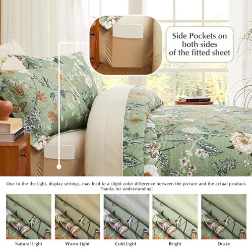 CASAAGUSTO Twin Comforter Set - 5 Pieces Green Floral Bedding Sets, Twin Bed in a Bag with Botanical Butterfly Comforter, Sheets, Pillowcases & Shams for All Seasons