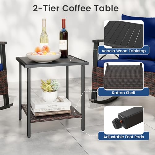 Image of Tangkula 3 Pieces Wicker Outdoor Rocking Chairs Set | Heavy Duty Cushioned Rattan Patio Rocker Bistro Set, 2-Tier Side Table w / Acacia Wood Tabletop, for Porch Balcony Backyard