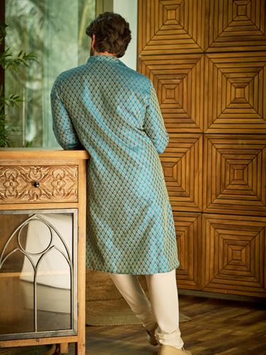 Image of SOJANYA(Since 1958 Men's Silk Blend Paisley Design Kurta & Off-White Churidar Pyjama Set