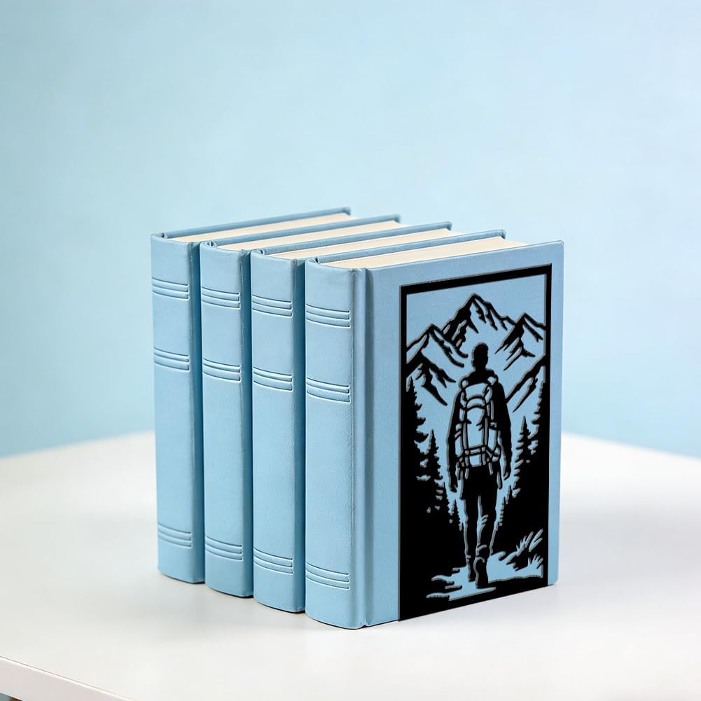 WADORN 1 Pair Jungle Adventures Decorative Bookends, Rustic Mountain Forest Hiker Heavy Duty Metal Book Ends Black Non-Skid Book Stopper for Bookshelf Library Home Office Dorm Man Cave Back to School
