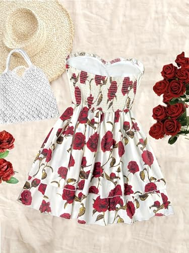 Floral Strapless Dress, Red Rose Print, White Smocked Bodice, Layered Skirt2