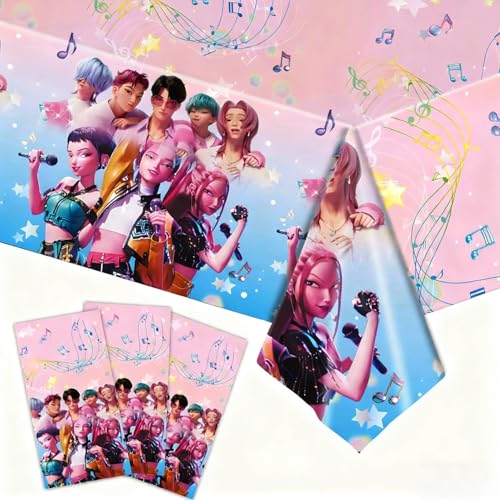 Vealy 3 Packs Demon Hunters Birthday Party Tablecloth Decorations Korean Idol Singer Musical Table Cover Disposable Plastic Waterproof Tablecloths Cartoon Party Supplies for Boys Girls
