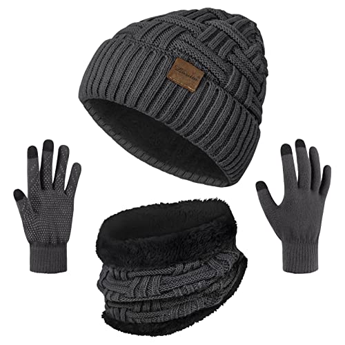 Loritta 3-Pieces Winter Hat Neck Warmer Touchscreen Gloves Set Knit Thick Scarf Beanie Hats Scarves Set Gifts for Women (N- Grey)