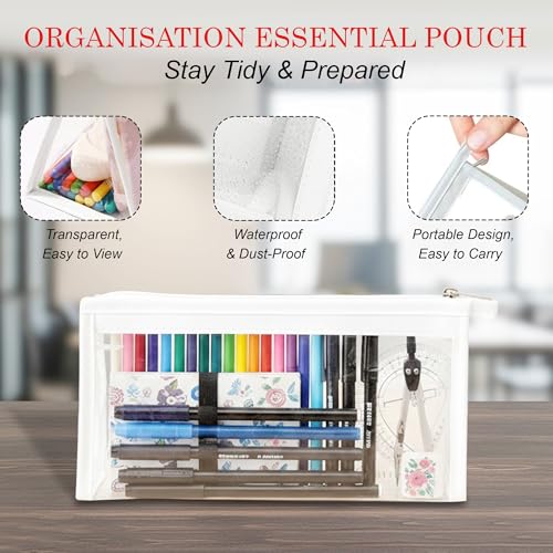 Image of GLUN Clear Stationery Pouch with Zip Closure, Cute Storage Bag for Girls, Boys & Women, Travel & Daily Use, White, Plastic