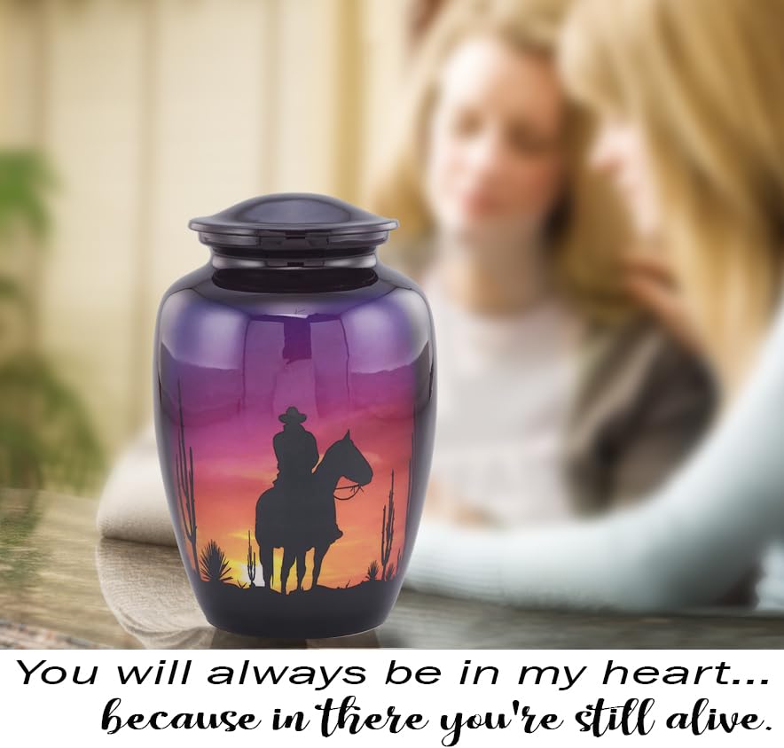 Image of Cowboy Cremation Urn for Human Ashes - Western Sunset Horse & Rider Urn - Beautiful Adult Funeral & Memorial Urn up to 210 lbs with Velvet Bag (Large)