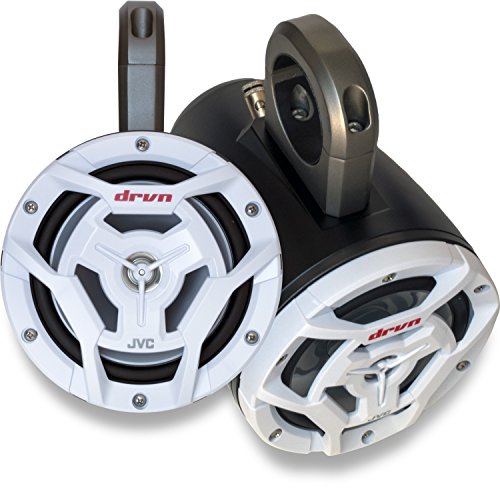 Image of Kicker Marine KMTES Black Tower Enclosures Loaded with (2) 6.5 inch White JVC Marine Coaxial Speakers.