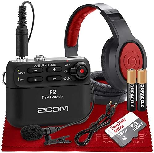 Zoom F2 Digital Multitrack Portable Audio Recorder - Ultracompact w/Lavalier Microphone, Basic Bundle - Studio Headphones, 16GB and More