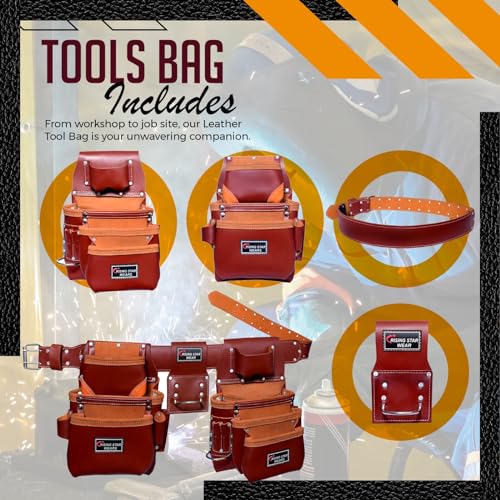 Image of Rising Star Wears Genuine Leather Tool Belt Pouch, 22-Pocket Maroon Tool Bag