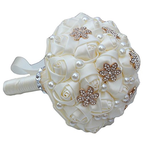 S-Ssoy Wedding Bouquet Bride Bridal Brooch Bouquets Bridesmaid Ivory Cream Gold Bouquet Diamond Pearl Ribbon Valentine's Day Confession Party Church With Free Corsage Flower, 21X26Cm #TOP2