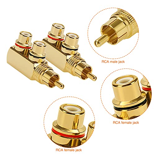 KUOQIY 2 PCS 90 Degree Right Angle RCA Splitter, RCA Male to 2 Female AV Splitter Adapter Connector, Gold Plated Jack Audio Video Y - Image 3