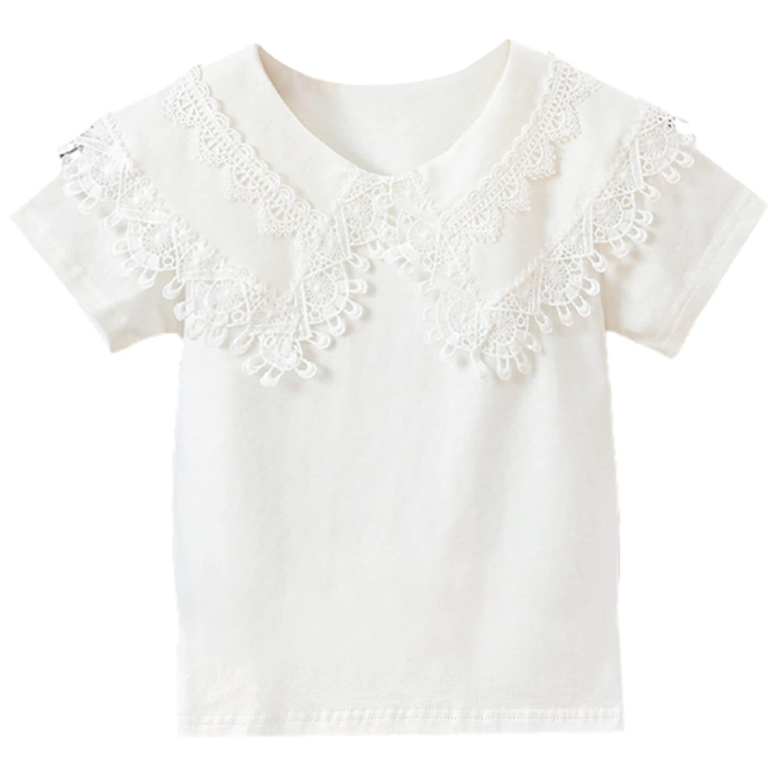 aromm Blusa Manga Corta para Niña Pequeños Tops de Algodón Uniforme Escolar Camisa Encaje Bordado Cuello de Muñeca