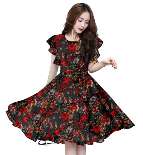Women's Floral Print Swing Dress, Short Flutter Sleeves, Black with Red Flowers, Knee Length-picture-53